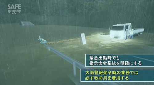 豪雨のなか交通規制に当っていた警備員が増水した河川に流されるのサムネイル画像